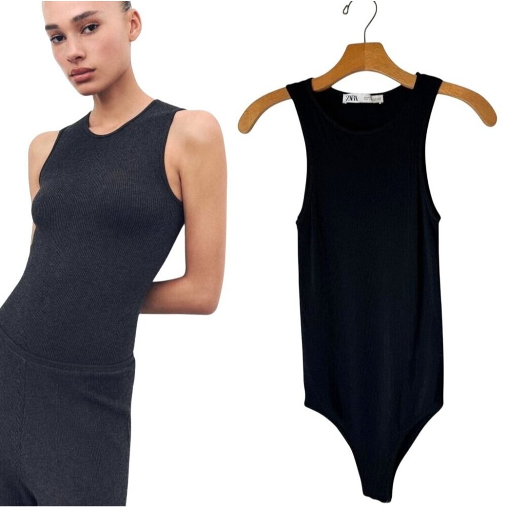 Zara Bodysuit Women Small Black‎ Crew Neck Sleeveless Snap Closure Gothic